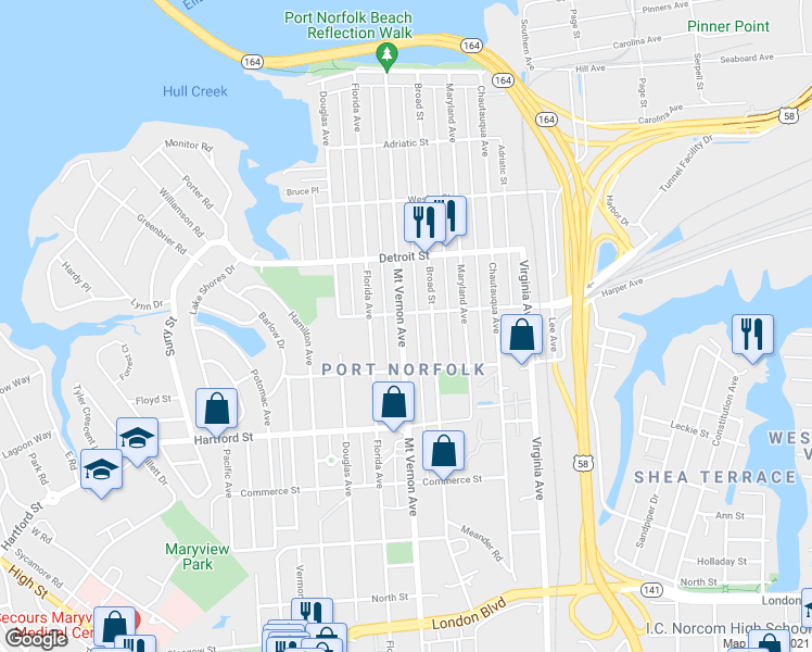 map of restaurants, bars, coffee shops, grocery stores, and more near 513 Mount Vernon Avenue in Portsmouth