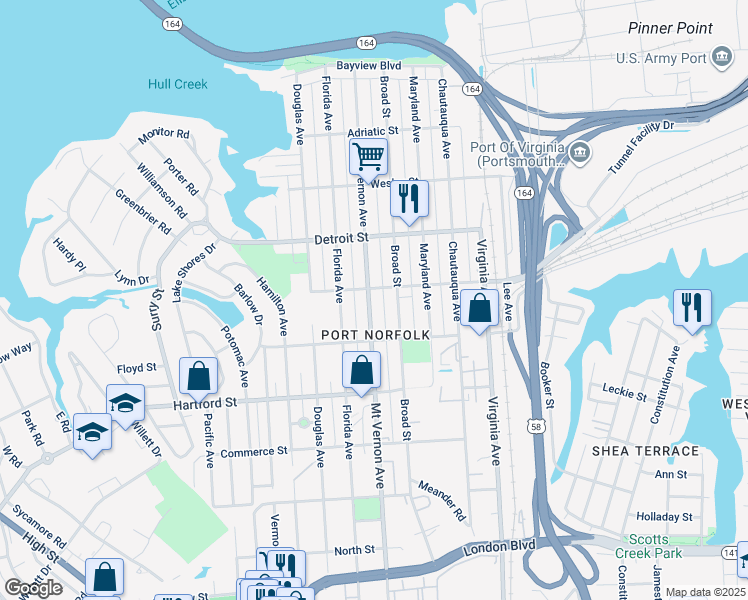 map of restaurants, bars, coffee shops, grocery stores, and more near 513 Mount Vernon Avenue in Portsmouth
