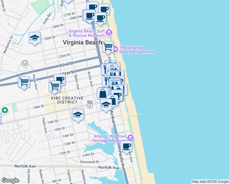 map of restaurants, bars, coffee shops, grocery stores, and more near 1718 Atlantic Avenue in Virginia Beach