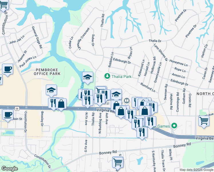 map of restaurants, bars, coffee shops, grocery stores, and more near 4208 Thalia Forest Lane in Virginia Beach