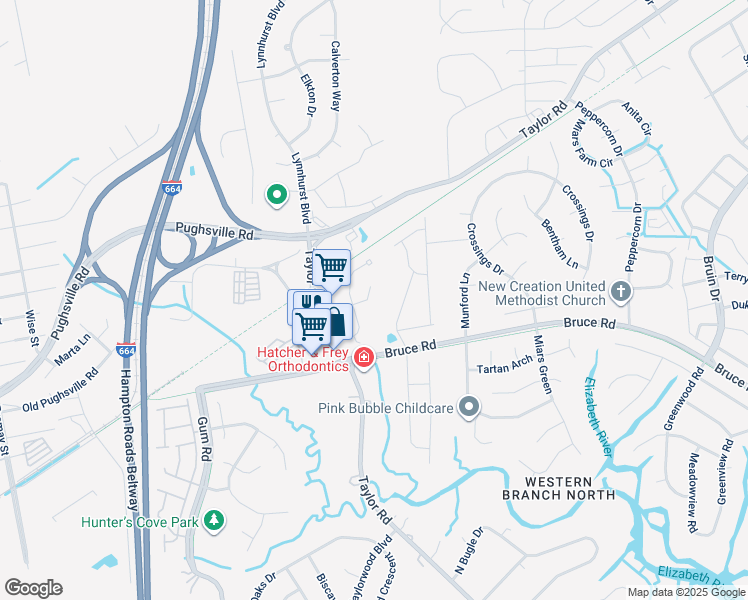 map of restaurants, bars, coffee shops, grocery stores, and more near 3217 Cricket Lane in Chesapeake