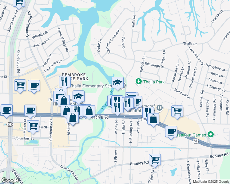 map of restaurants, bars, coffee shops, grocery stores, and more near 421 Thalia Road in Virginia Beach