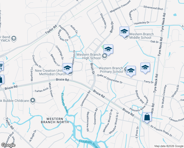 map of restaurants, bars, coffee shops, grocery stores, and more near 2941 Radcliffe Lane North in Chesapeake