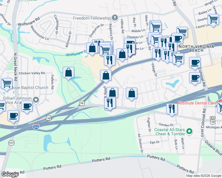 map of restaurants, bars, coffee shops, grocery stores, and more near 424 Phillip Avenue in Virginia Beach