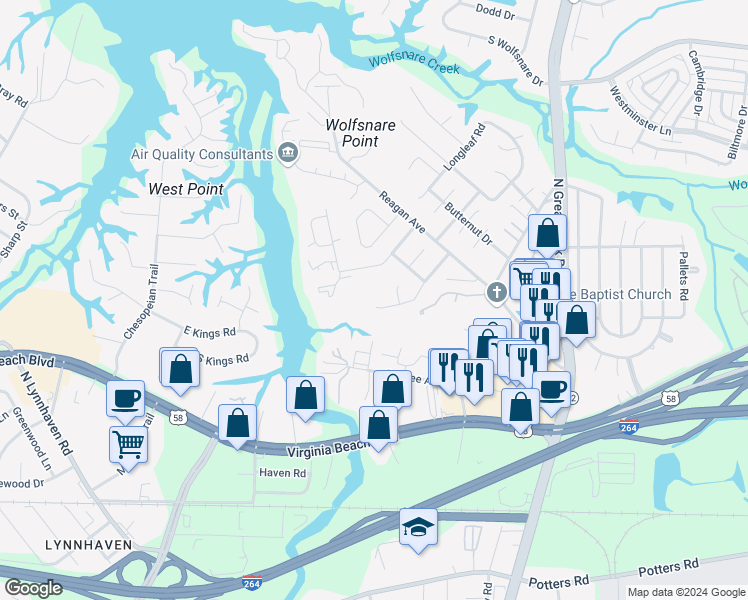 map of restaurants, bars, coffee shops, grocery stores, and more near 409 Lake Havasu Drive in Virginia Beach