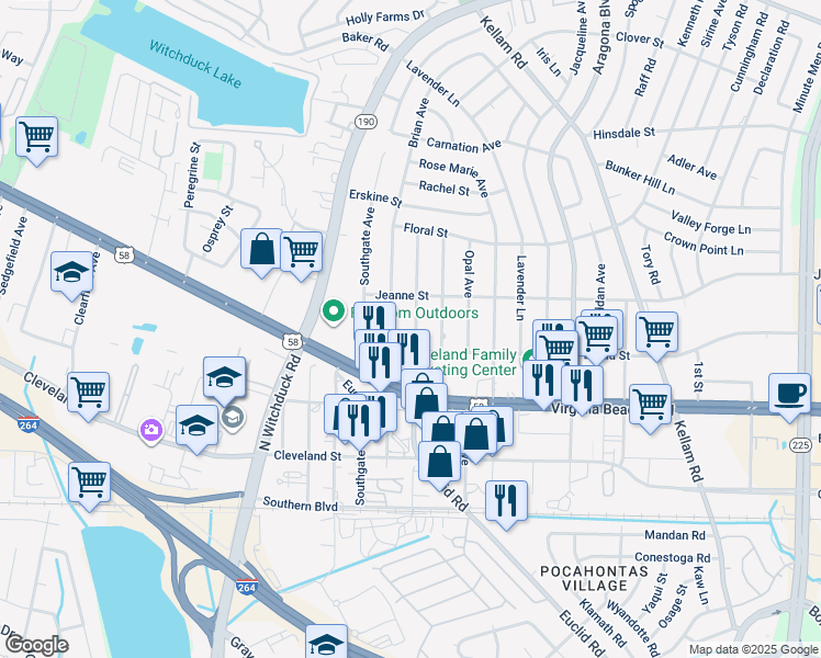 map of restaurants, bars, coffee shops, grocery stores, and more near 333 Dorset Avenue in Virginia Beach