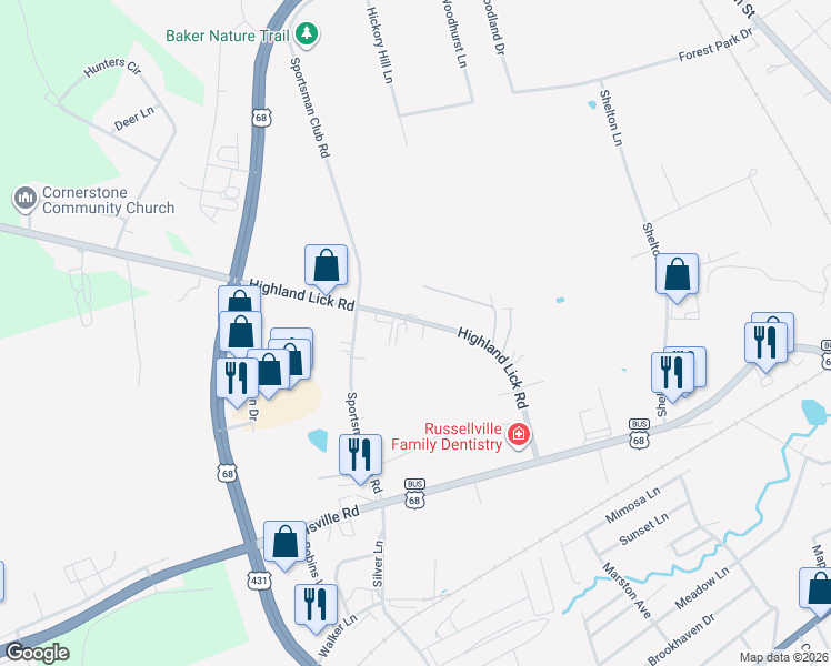 map of restaurants, bars, coffee shops, grocery stores, and more near 309 Highland Lick Road in Russellville