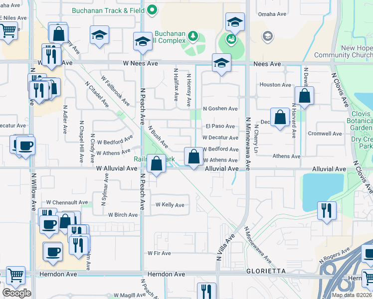 map of restaurants, bars, coffee shops, grocery stores, and more near 221 West Bedford Avenue in Clovis