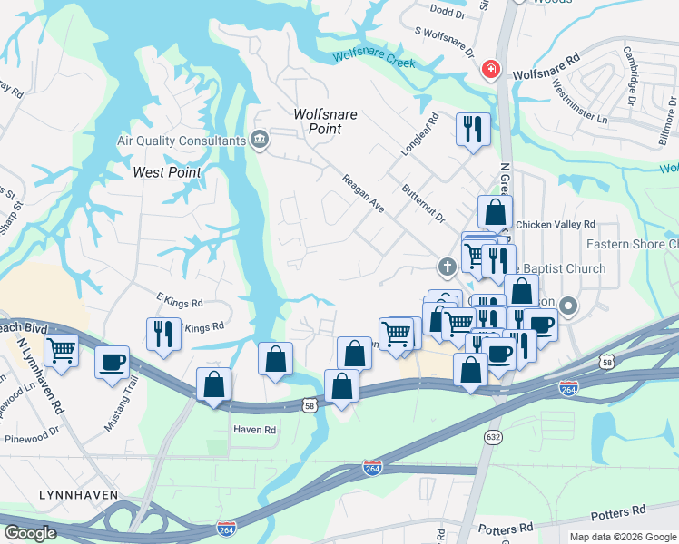 map of restaurants, bars, coffee shops, grocery stores, and more near 411 Lake Havasu Drive in Virginia Beach