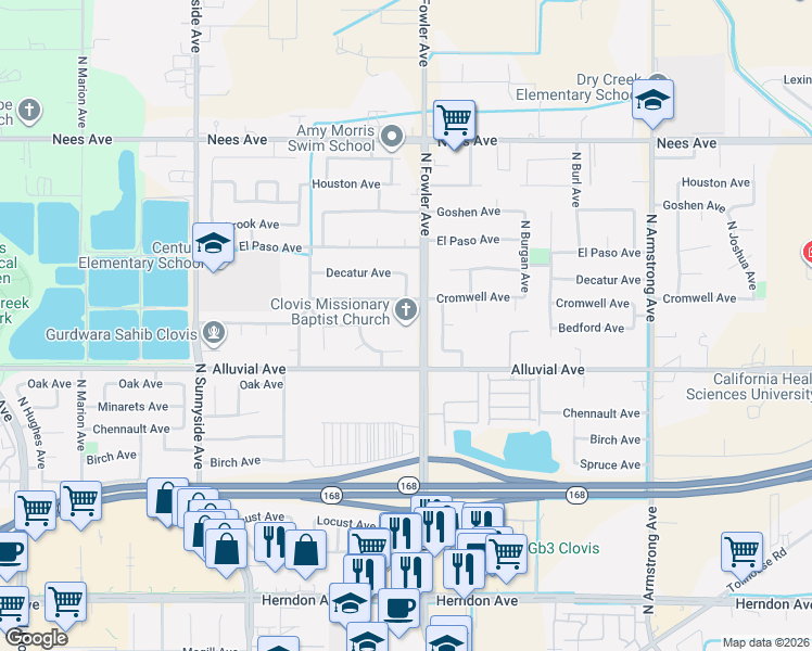 map of restaurants, bars, coffee shops, grocery stores, and more near 854 North Fowler Avenue in Clovis
