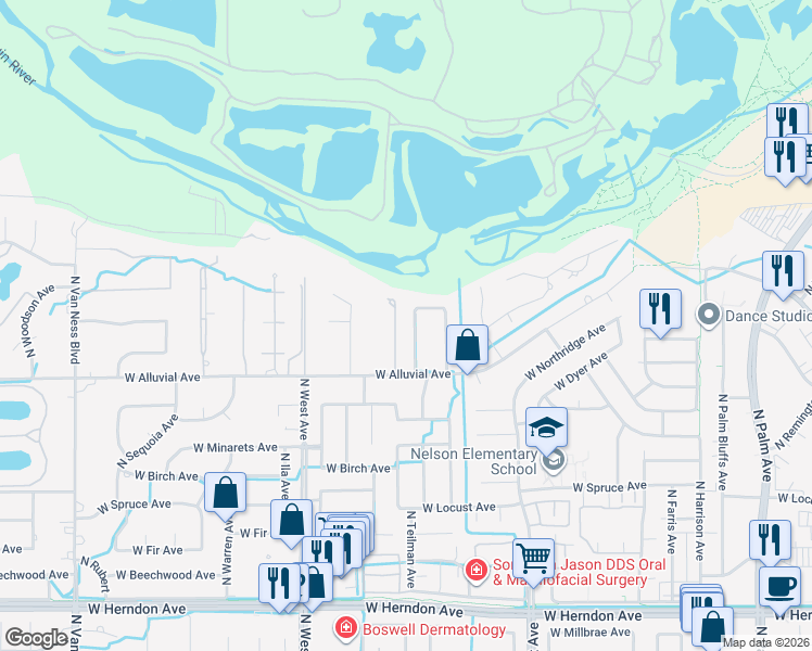 map of restaurants, bars, coffee shops, grocery stores, and more near 7461 North Teilman Avenue in Fresno