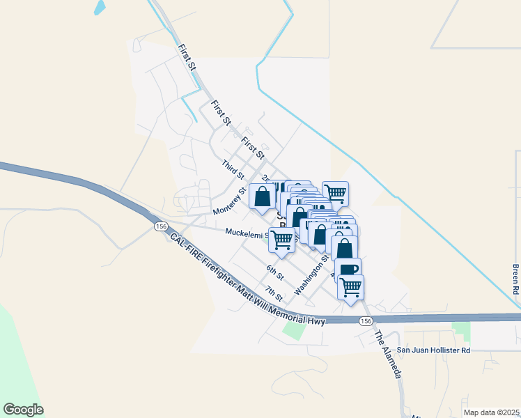 map of restaurants, bars, coffee shops, grocery stores, and more near 604 4th Street in Hollister