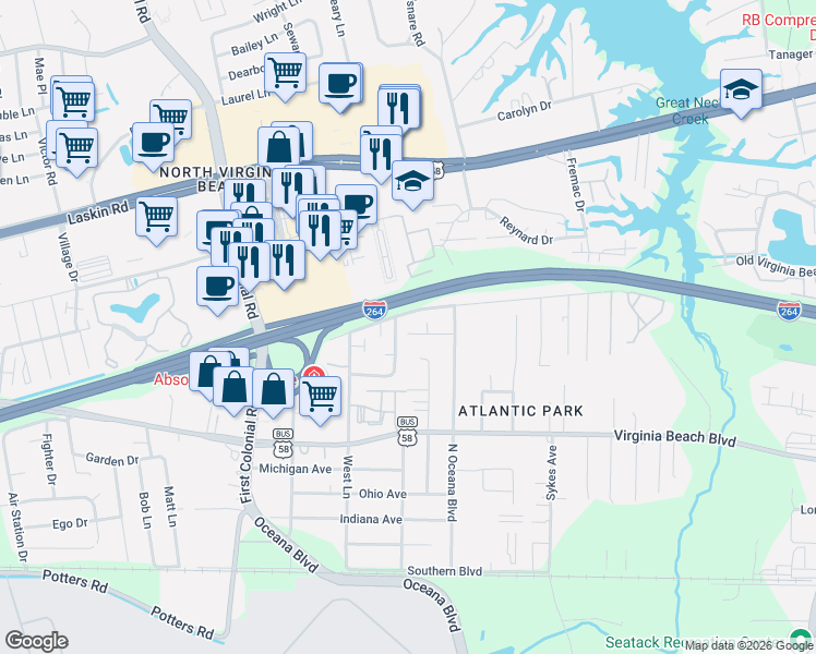 map of restaurants, bars, coffee shops, grocery stores, and more near 485 Hill Meadow Drive in Virginia Beach