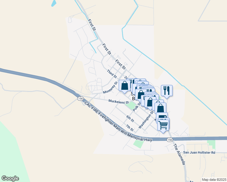 map of restaurants, bars, coffee shops, grocery stores, and more near 802 Marentis Court in San Juan Bautista