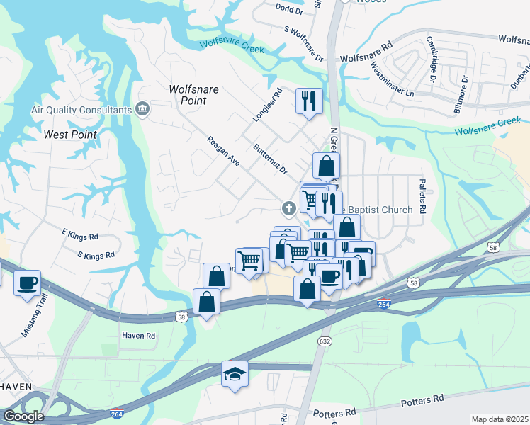 map of restaurants, bars, coffee shops, grocery stores, and more near 2445 London Pointe Drive in Virginia Beach