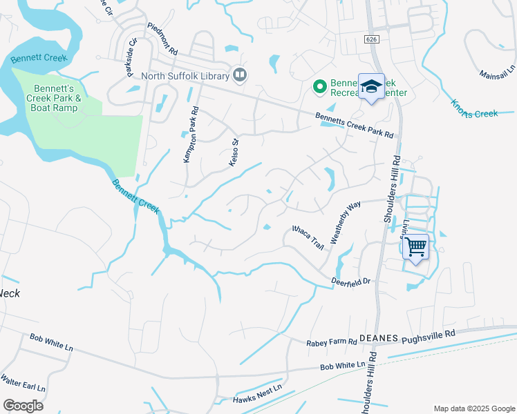 map of restaurants, bars, coffee shops, grocery stores, and more near 6006 Steeplechase Lane in Suffolk