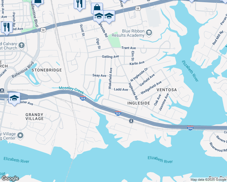 map of restaurants, bars, coffee shops, grocery stores, and more near 3567 Ladd Avenue in Norfolk