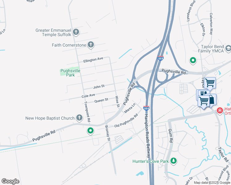 map of restaurants, bars, coffee shops, grocery stores, and more near 4517 Cole Avenue in Suffolk
