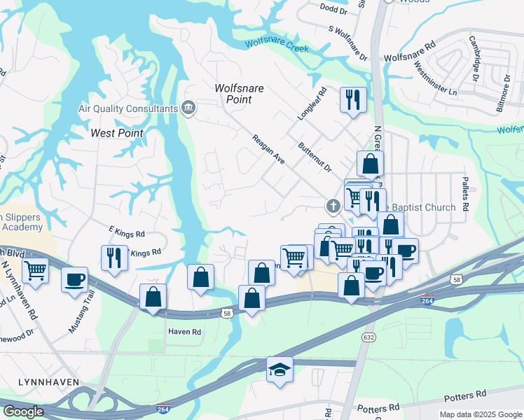 map of restaurants, bars, coffee shops, grocery stores, and more near 2405 Lake Havasu Court in Virginia Beach