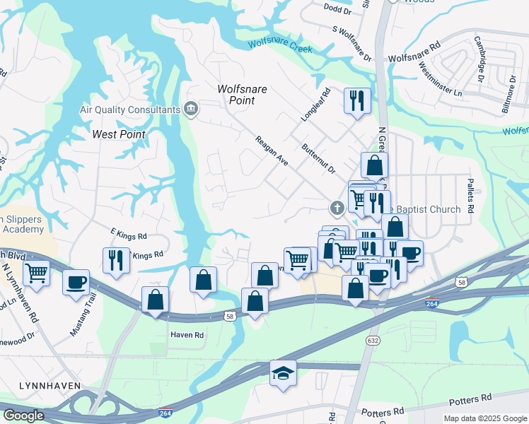 map of restaurants, bars, coffee shops, grocery stores, and more near 2405 Lake Havasu Court in Virginia Beach