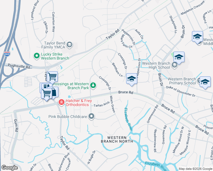 map of restaurants, bars, coffee shops, grocery stores, and more near 3025 Crossings Drive in Chesapeake
