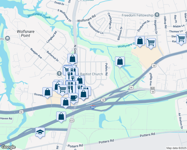 map of restaurants, bars, coffee shops, grocery stores, and more near 429 East Plantation Road in Virginia Beach