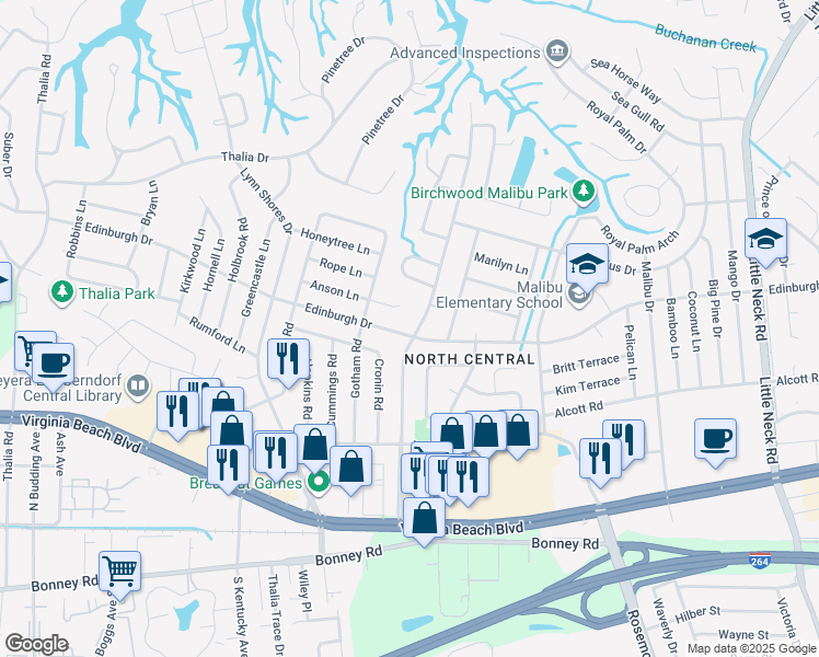 map of restaurants, bars, coffee shops, grocery stores, and more near 3800 Edinburgh Dr in Virginia Beach