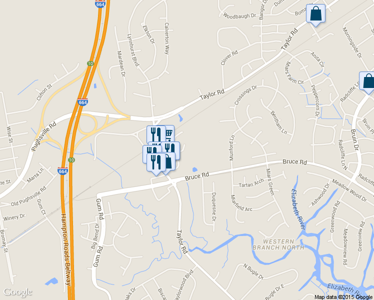 map of restaurants, bars, coffee shops, grocery stores, and more near 3219 Cricket Ln in Chesapeake
