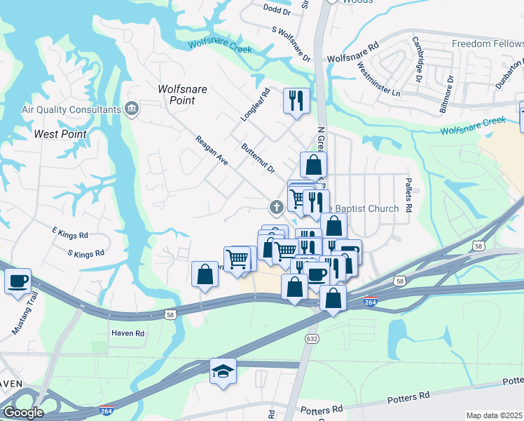 map of restaurants, bars, coffee shops, grocery stores, and more near 2513 London Pointe Drive in Virginia Beach