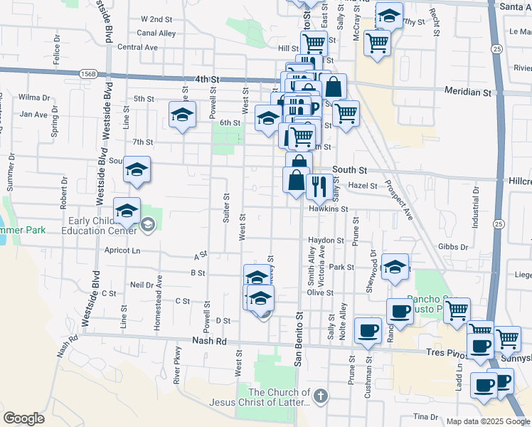 map of restaurants, bars, coffee shops, grocery stores, and more near 929 Monterey Street in Hollister