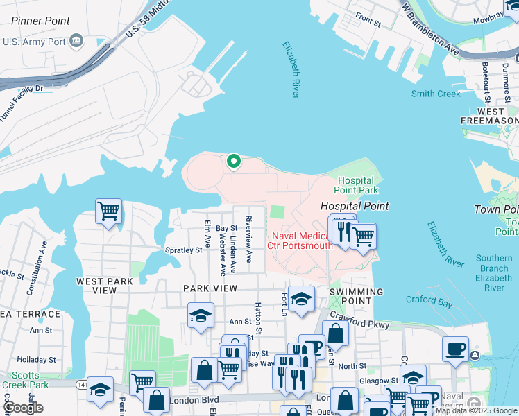 map of restaurants, bars, coffee shops, grocery stores, and more near 6 Parkview Avenue in Portsmouth