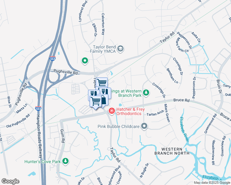 map of restaurants, bars, coffee shops, grocery stores, and more near 3219 Cricket Ln in Chesapeake