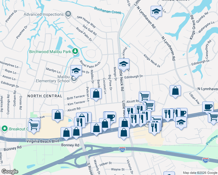 map of restaurants, bars, coffee shops, grocery stores, and more near 433 Big Pine Drive in Virginia Beach