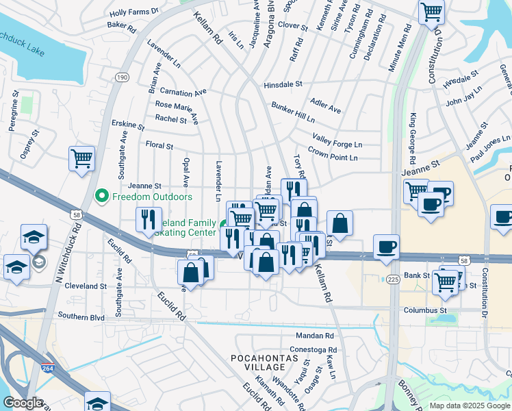 map of restaurants, bars, coffee shops, grocery stores, and more near 332 Aragona Boulevard in Virginia Beach