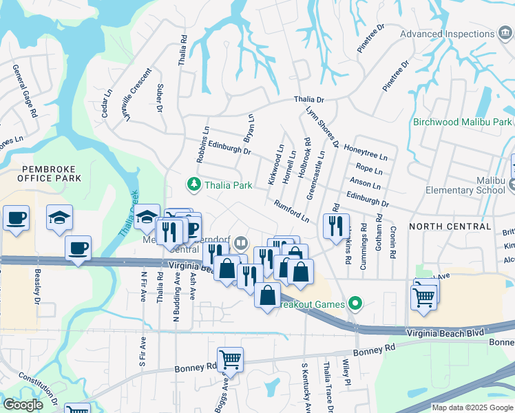 map of restaurants, bars, coffee shops, grocery stores, and more near 3952 Roebling Lane in Virginia Beach