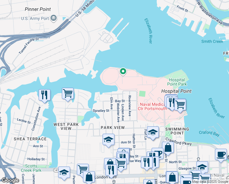map of restaurants, bars, coffee shops, grocery stores, and more near 1128 Harrell Street in Portsmouth