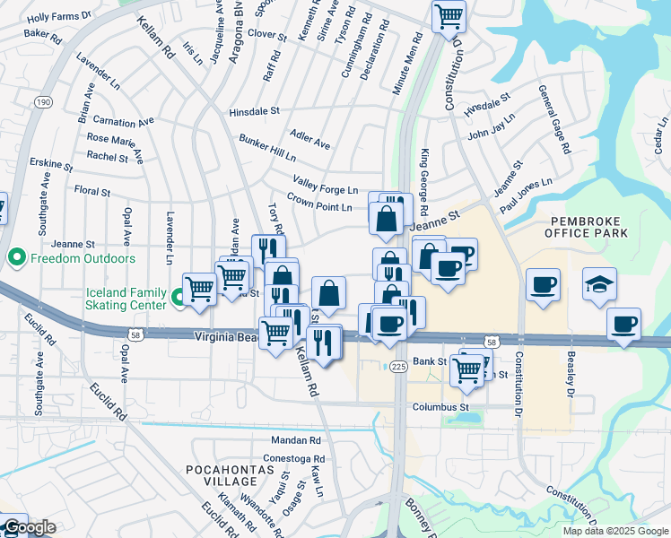 map of restaurants, bars, coffee shops, grocery stores, and more near 4704 Broad Street in Virginia Beach