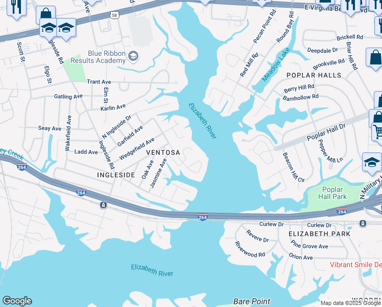 map of restaurants, bars, coffee shops, grocery stores, and more near 3828 Easton Avenue in Norfolk