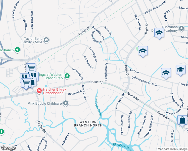 map of restaurants, bars, coffee shops, grocery stores, and more near 2801 Crossings Drive in Chesapeake