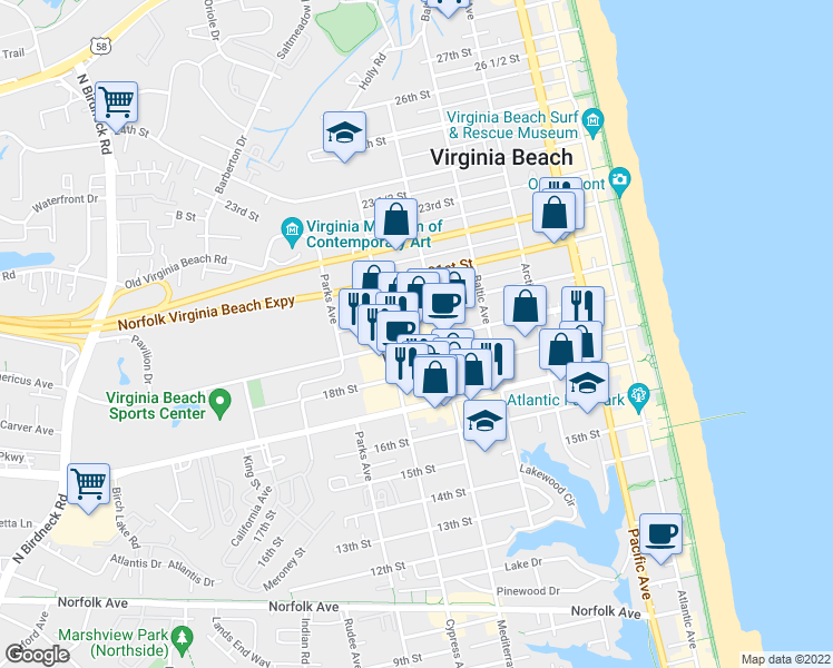 map of restaurants, bars, coffee shops, grocery stores, and more near 609 19th Street in Virginia Beach