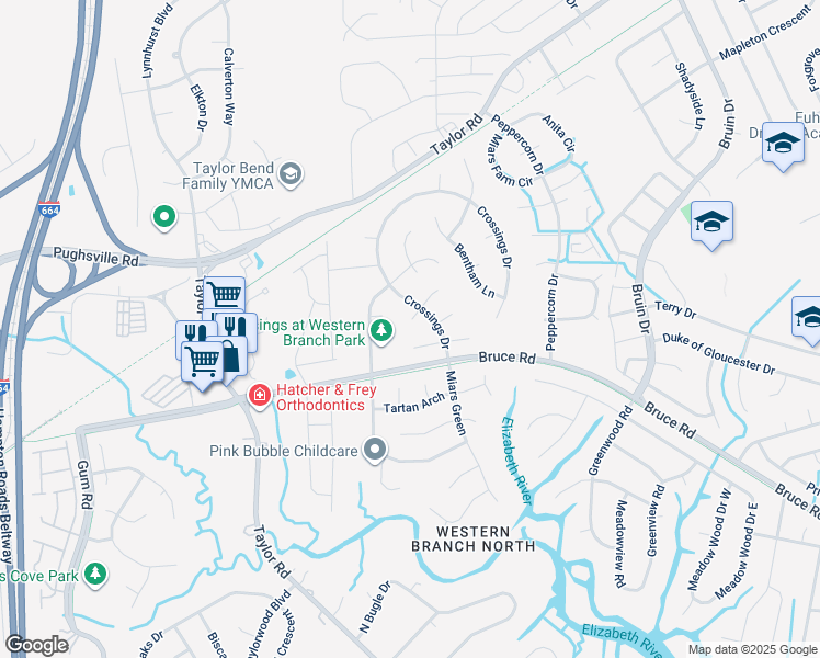map of restaurants, bars, coffee shops, grocery stores, and more near 4409 Epping Court in Chesapeake