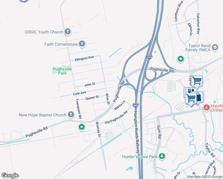 map of restaurants, bars, coffee shops, grocery stores, and more near 5017 James Street in Chesapeake