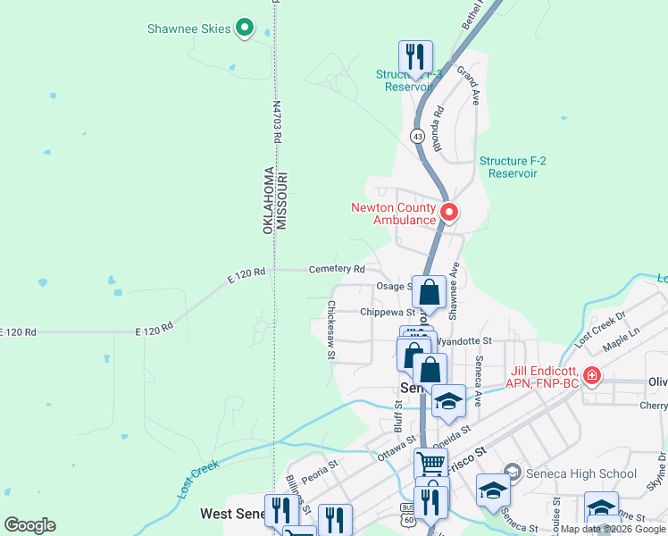 map of restaurants, bars, coffee shops, grocery stores, and more near 706 Cemetery Road in Seneca