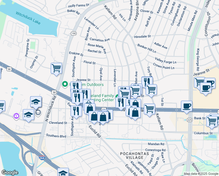 map of restaurants, bars, coffee shops, grocery stores, and more near 332 Rose Marie Avenue in Virginia Beach