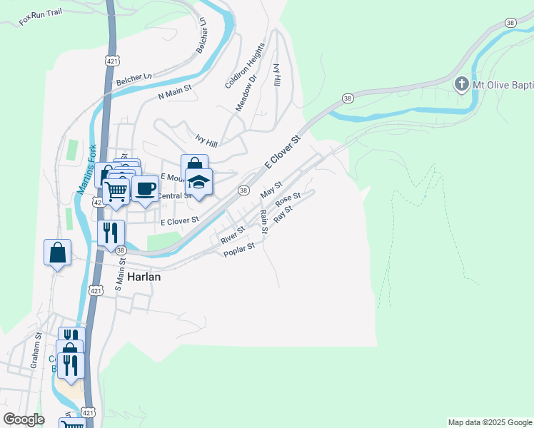 map of restaurants, bars, coffee shops, grocery stores, and more near in Harlan