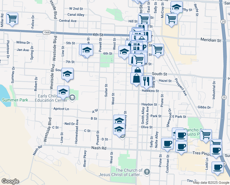 map of restaurants, bars, coffee shops, grocery stores, and more near 491 Hawkins Street in Hollister