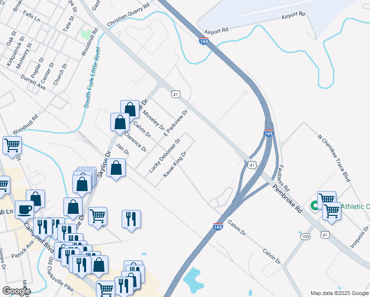 map of restaurants, bars, coffee shops, grocery stores, and more near 307 Kauai King Drive in Hopkinsville
