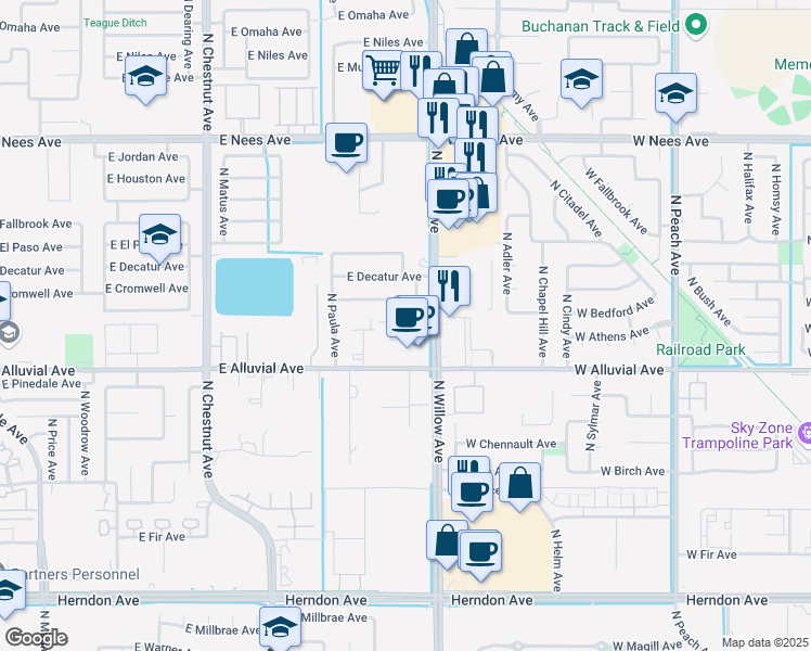 map of restaurants, bars, coffee shops, grocery stores, and more near 7525 North Willow Avenue in Fresno
