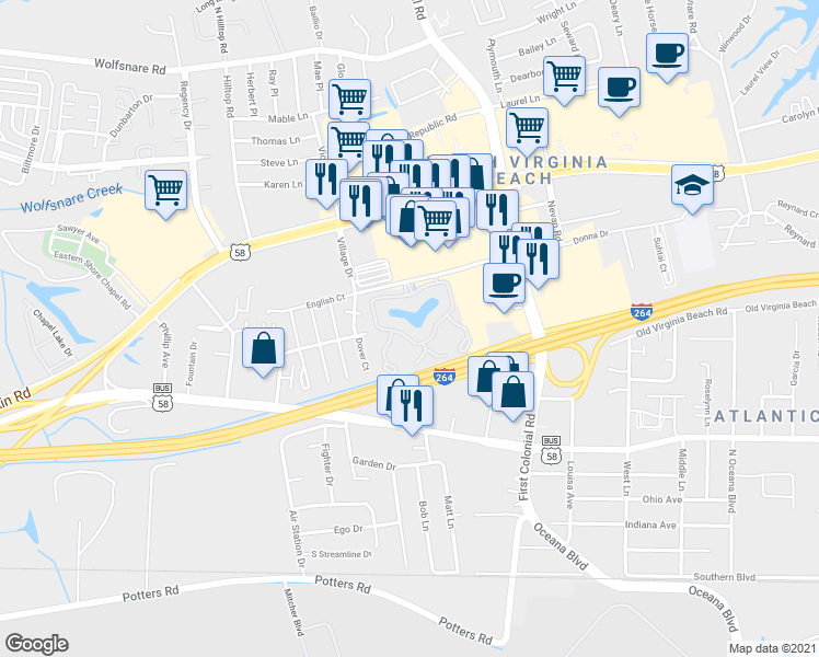 map of restaurants, bars, coffee shops, grocery stores, and more near 1741 Chase Pointe Circle in Virginia Beach