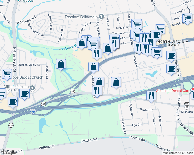 map of restaurants, bars, coffee shops, grocery stores, and more near 424 Phillip Avenue in Virginia Beach